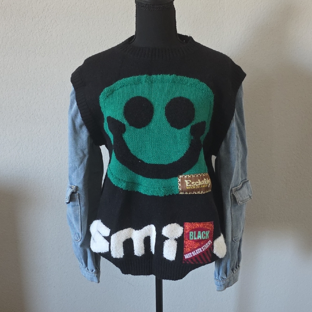 Black and Green Smiley Face Sweater